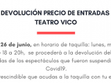El importe de las entradas de los eventos suspendidos del Teatro Vico será devuelto en taquilla del 15 al 26 de junio