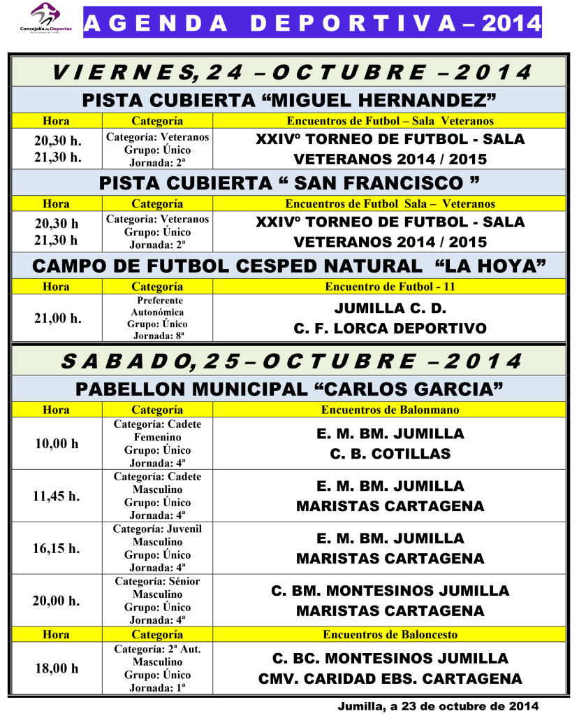 Agenda Deportiva 24, 25 y 26 - Octubre 2014