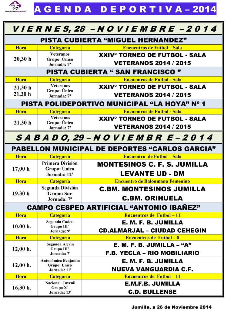 Agenda Deportiva 28-29-30 Noviembre2014