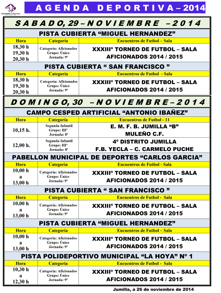 Agenda Deportiva 28-29-30 Noviembre2014