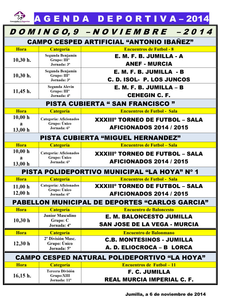 Agenda Deportiva 7-8- 9 Noviembre2014