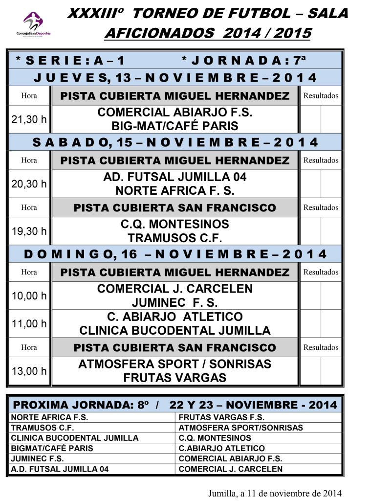 Jornada Semanal FUTBOL- SALA      14-15 y 16 - NOVIEMBRE - 2014