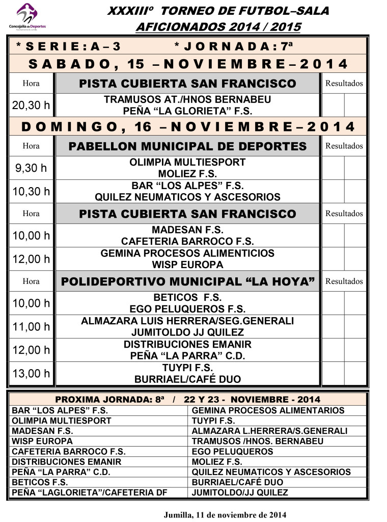 Jornada Semanal FUTBOL- SALA      14-15 y 16 - NOVIEMBRE - 2014