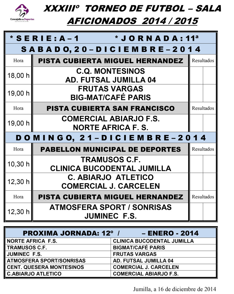 Jornada Semanal FUTBOL- SALA      20-21-22 y 23 - DICIEMBRE - 20
