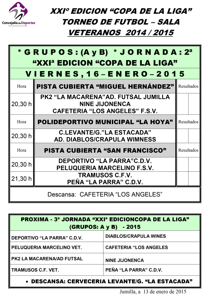 Jornada Semanal FUTBOL- SALA      16-17-18 ENERO - 2015