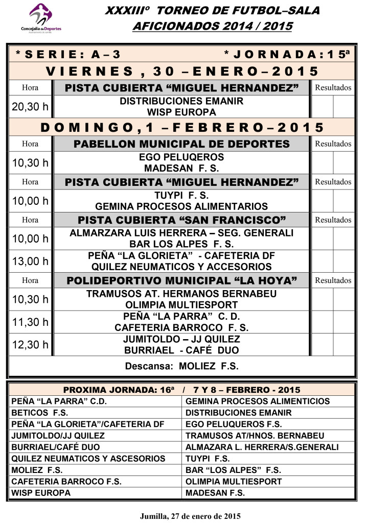 Jornada Semanal FUTBOL- SALA      30-31 ENERO - 1- FEBRERO - 201