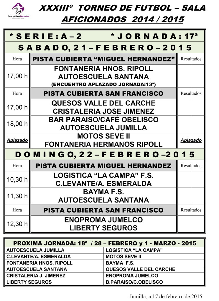 Jornada Semanal FUTBOL- SALA      20, 21 Y 22 - 2015