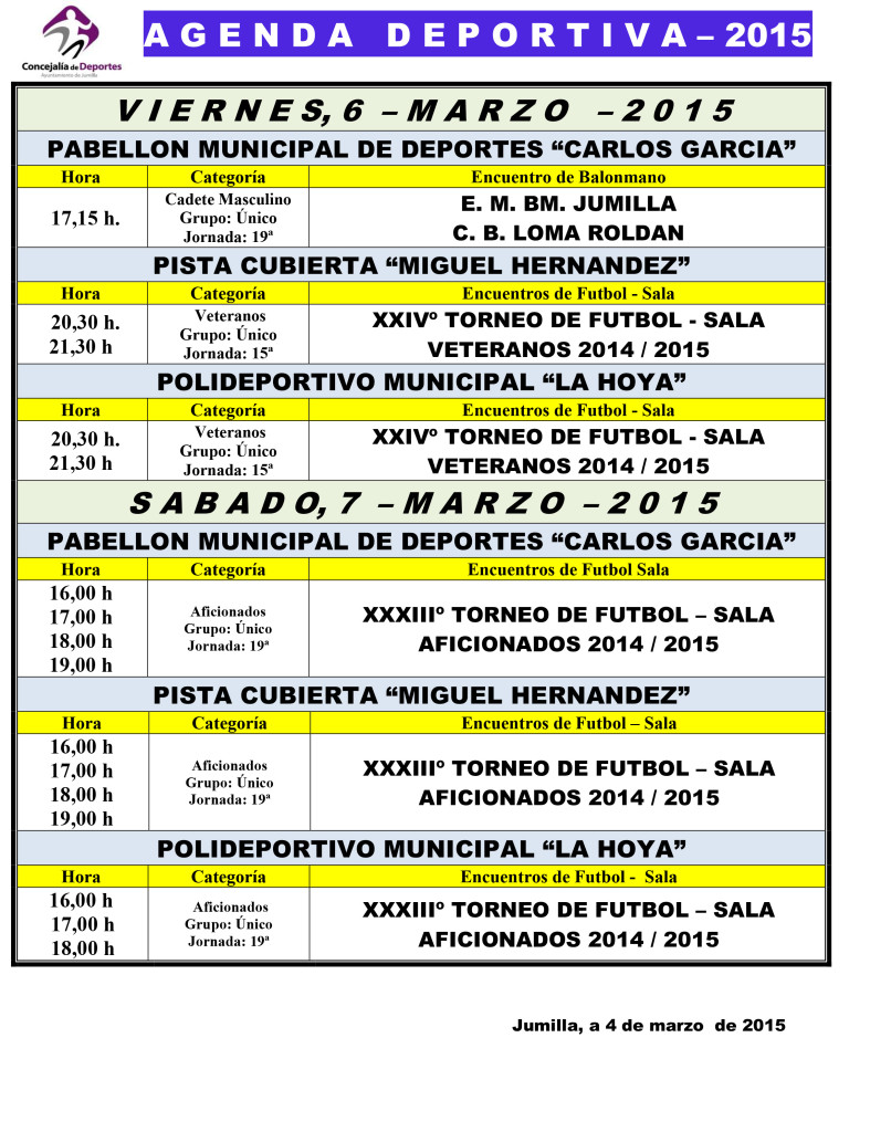 Agenda Deportiva 6,7, 8  Marzo  - 2015 -