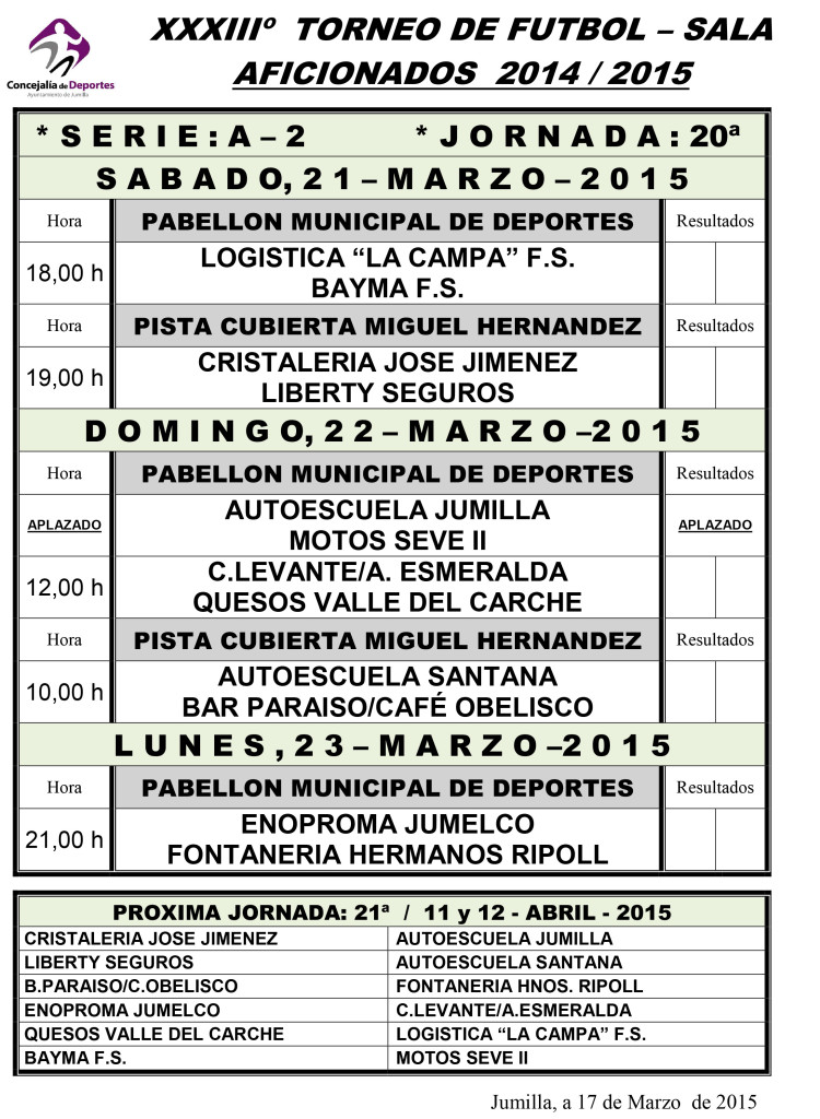 Jornada Semanal FUTBOL- SALA      20-21-22  Marzo - 2015