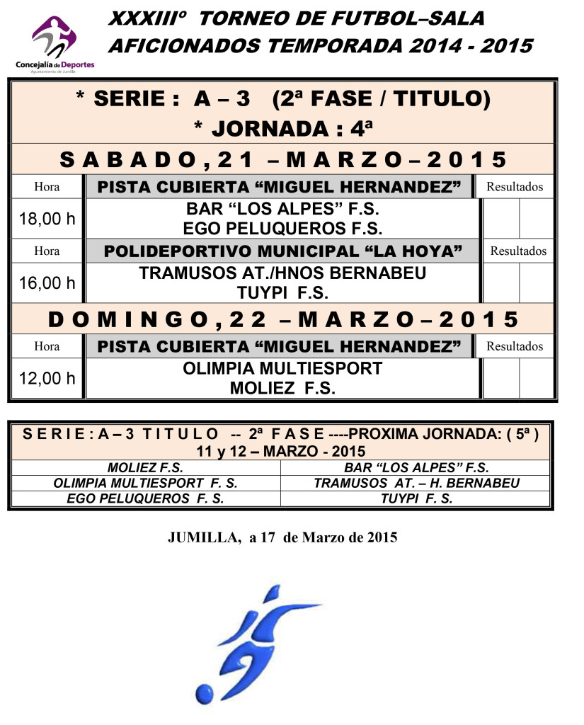 Jornada Semanal FUTBOL- SALA      20-21-22  Marzo - 2015