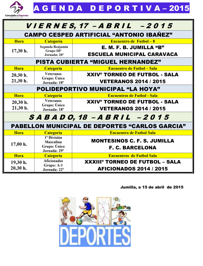 Agenda Deportiv  17,18,19 Abril  - 2015