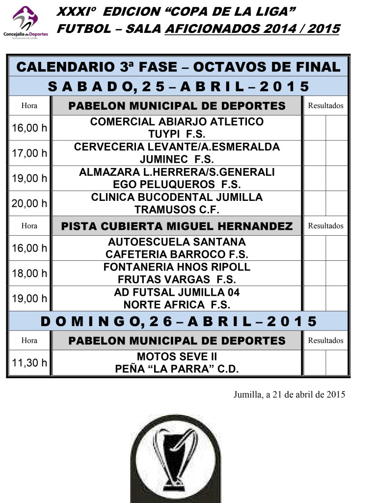 Jornada Semanal FUTBOL- SALA      24-25 y 26 - Abril - 2015