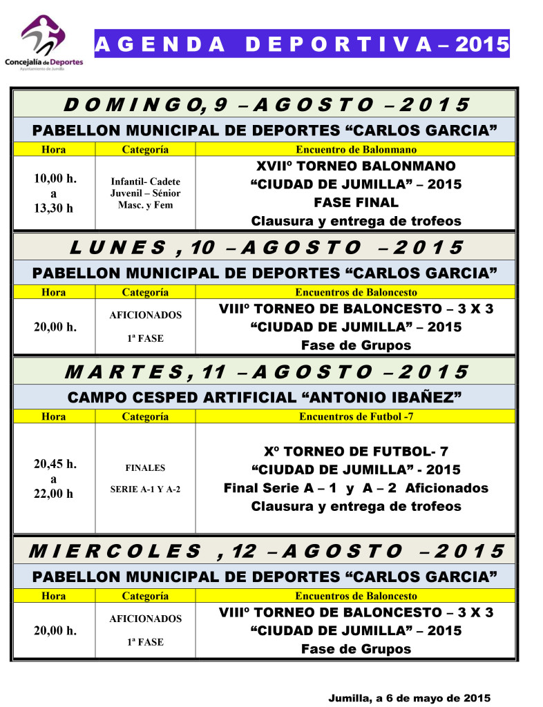 Agenda Deportiva 6 al 12 Agosto 2015