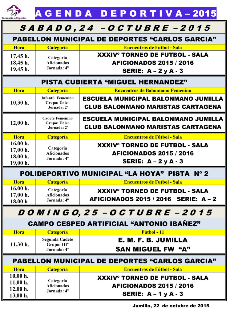 Agenda Deportiva , 23,24 y 25 octubre 2015