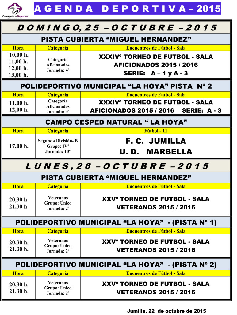 Agenda Deportiva , 23,24 y 25 octubre 2015