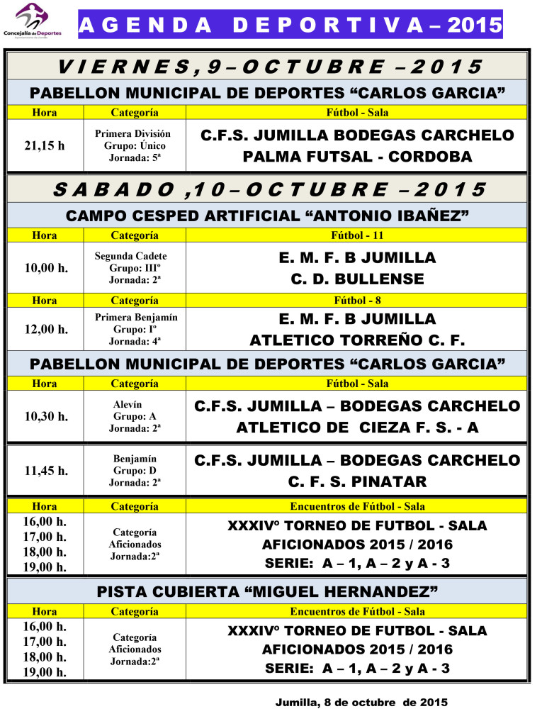 Agenda Deportiva 9, 10 y 11 octubre 2015