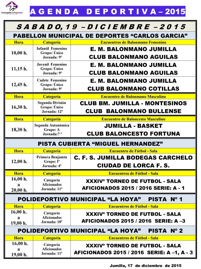 Agenda Deportiva 18,19,y 20 Dic 2015