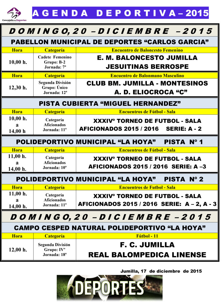 Agenda Deportiva 18,19,y 20 Dic 2015