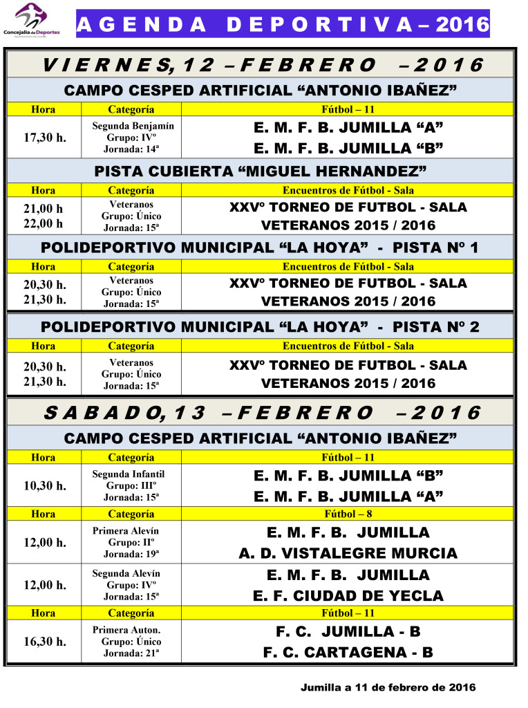 Agenda Deportiva ,  12,13 y 14 Febrero 2016 -