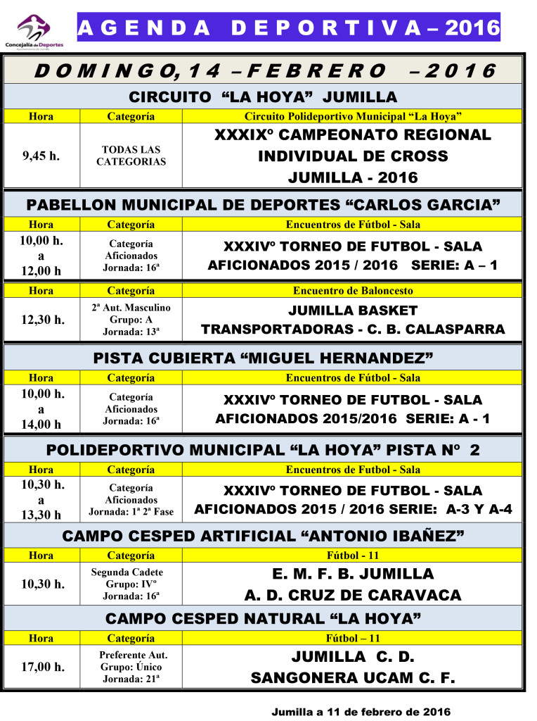 Agenda Deportiva ,  12,13 y 14 Febrero 2016 -