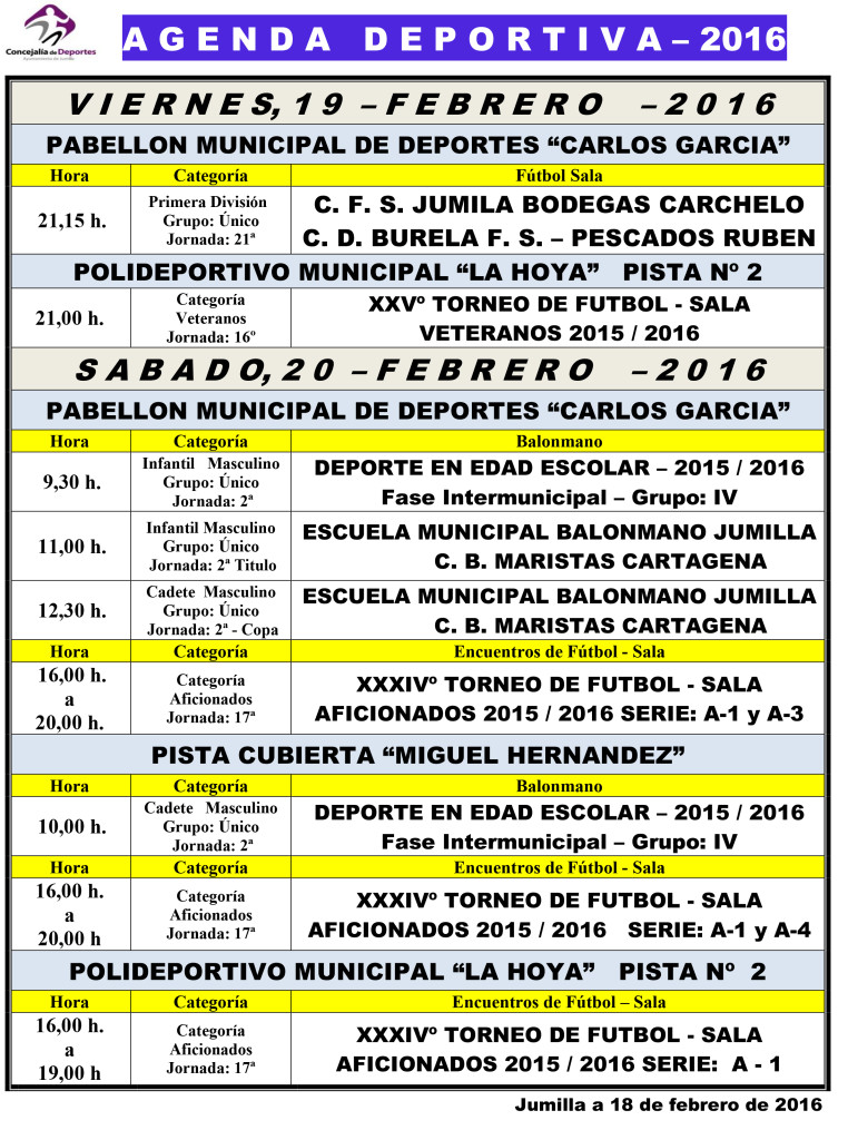 Agenda Deportiva ,  19,20, 21 y 22 Feb 2016