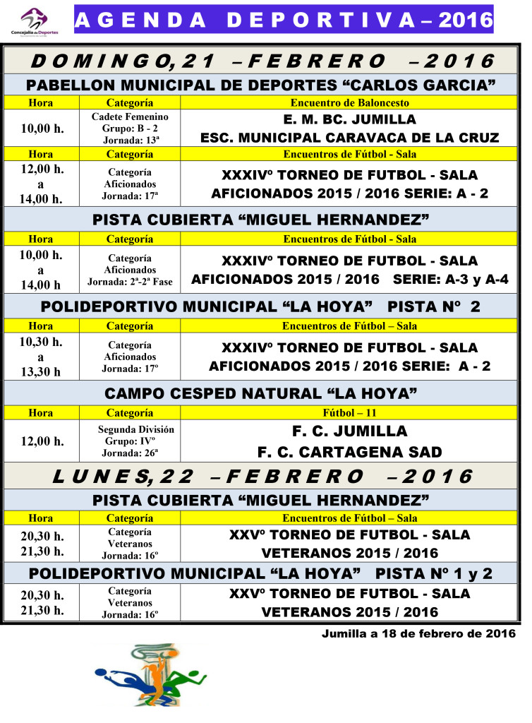 Agenda Deportiva ,  19,20, 21 y 22 Feb 2016