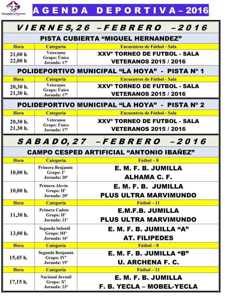 Agenda Deportiva ,  26,27 y 28 Febrero 2016