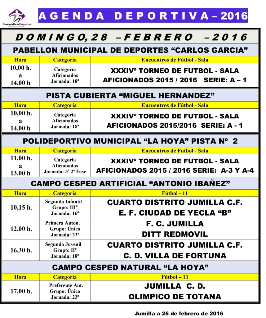 Agenda Deportiva ,  26,27 y 28 Febrero 2016