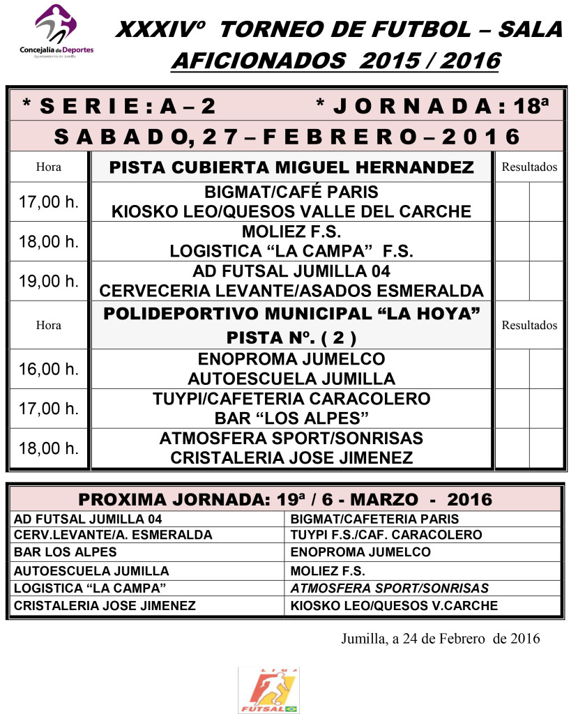 Jornada Semanal  26 - 27 y 28 Feb 2016
