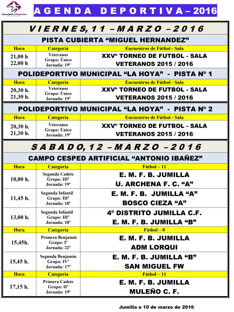 Agenda Deportiva ,  11,12 y 13 marzo 2016